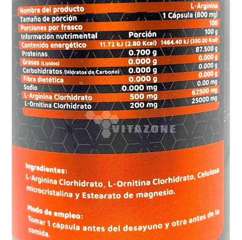 Imagen 2 de 5 de Arginina 500 Mg 100 Cápsulas.