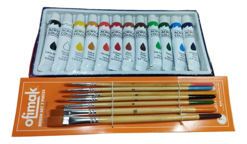 Combo Pinturas Acrilicas Set 12 Colores De 12cc + 5 Pinceles