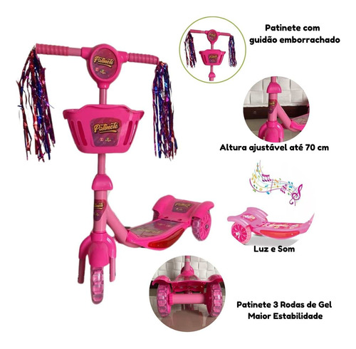 Patinete Infantil Menina Musical 3 Rodas Com Cestinho Luzes