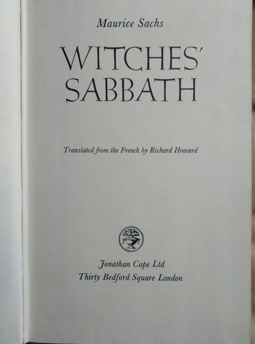 Witches' Sabbath Maurice Sachs 1968 Tapa Dura Non Fiction