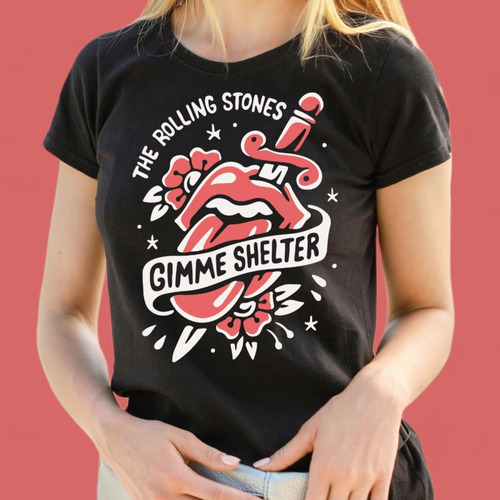 Camiseta Rolling Stones Negra Estampado Tipo Tatoo Para Dama