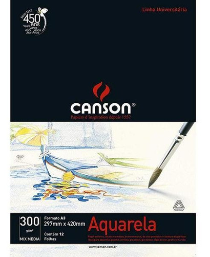 Bloco A3 Papel Aquarela 300 Gr Com 12 Fl