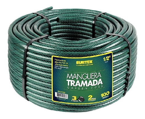 Manguera Tramada Verde 1/2puLG Rollo 100m Poliéster Surtek