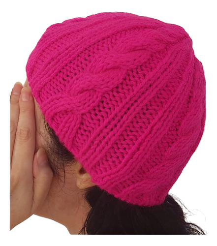 Gorro De Lana Tejido A Mano Artesanal Gf01 Único Adulto Fucsia