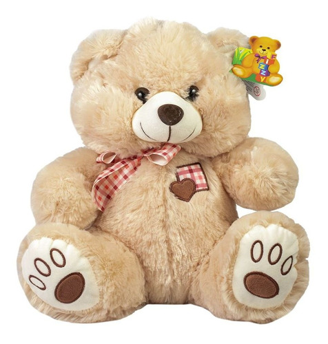 Urso Pelúcia Bege Com Laço Xadrez 30cm Sentado - Fizzy