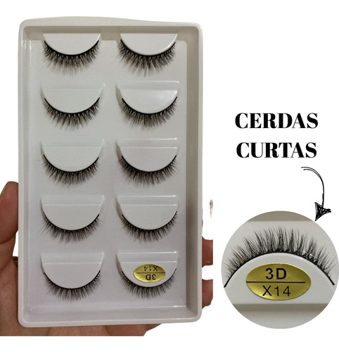 Cartela Com 5 Pares De Cílios Postiços 3d X14 Cerdas Curtas