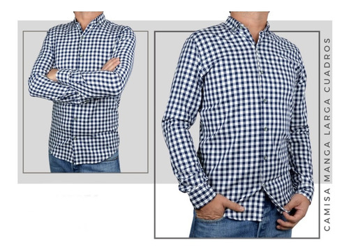 Camisa Manga Larga Para Hombre Botones Con Bolsillo Cuadros