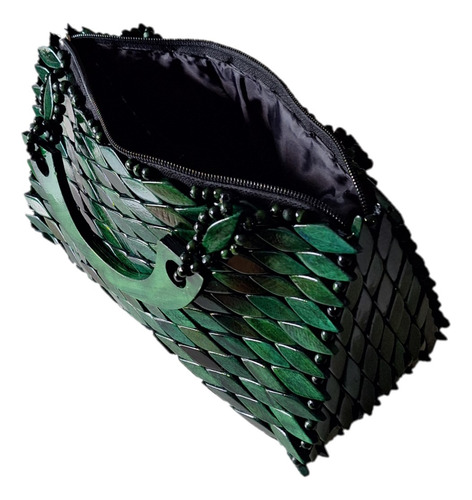 Bolsa Artesanal Peças Madeira Envernizada Verde, Alça Curta