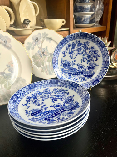 Juego 6 Platos Hondos Porcelana Tsuji Modelo Old Blue C1980 Blanco Y Azul Old Blue (Usado)