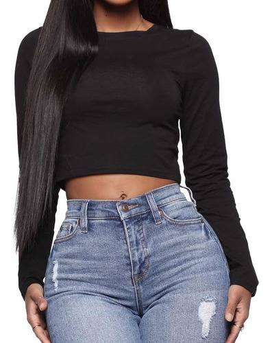 Blusa Manga Larga Cuello Redondo Crop Top Licra Colombiana