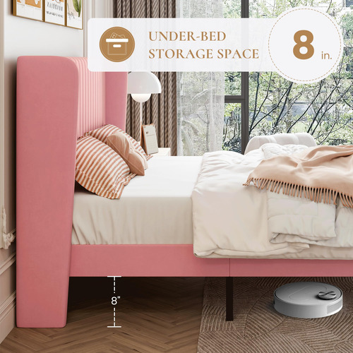 Base De Cama De Terciopelo Queen Con Cabecera Capitoné Rosa