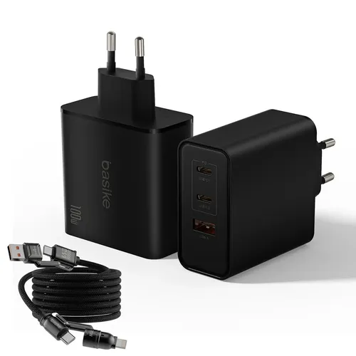 Carregador de Parede Basike USB/USB-C Turbo com 3 Portas e Cabo de Dados 4 em 1 para iPhone, Macbook e Samsung Galaxy Preto