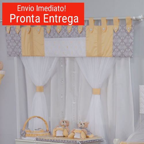 Imagem 2 de 5 de Cortina Quarto De Bebê Retro Amarelo - 7 Peças - Conf