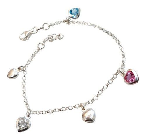 Pulsera Plata 925 Con Corazones Multicolor Italiano Pp98 