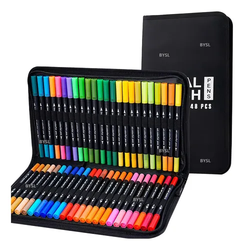 Kit 48 Canetas Ponta Dupla Brush Pen Fine Line Dual Touch Estojo