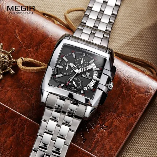 Reloj Megir Chronograph Con Correas Cuadradas De Acero