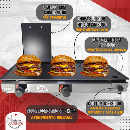 Chapa De Lanche Gás 70x30 Profissional Hambúrgueria C Prensa Cor Inox A GÁS