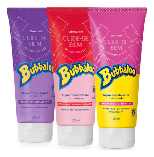  Kit 3 Loção Hidratante Bubbaloo Tutti Frutti Morango Uva