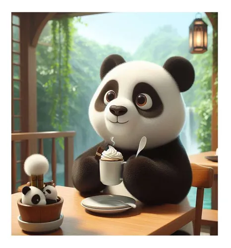comprar Vinilo 20x20cm Panda Contento Con Taza De Cafe Desayuno