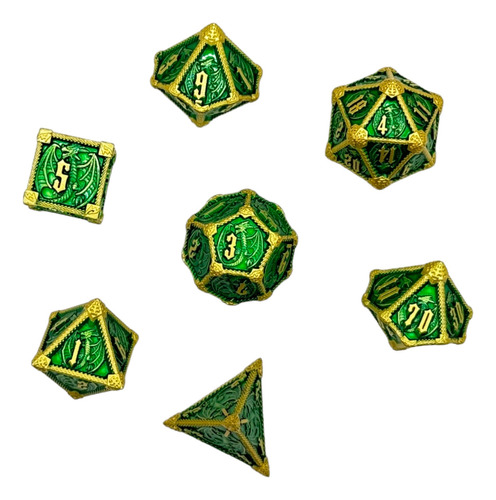 Set De 7 Dados Juegos De Rol - Verde Y Dorado - Metálico