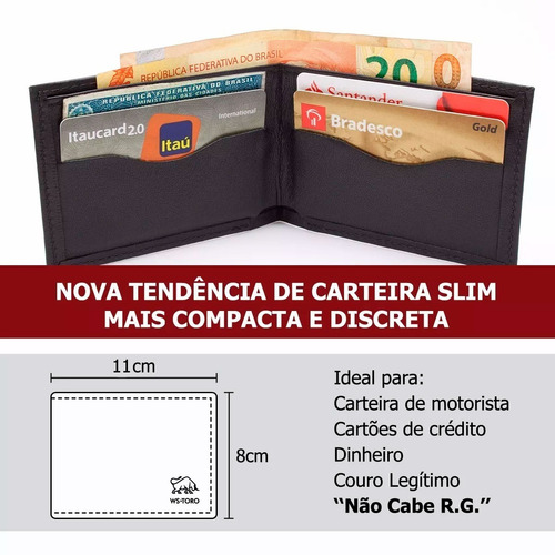 Imagem 2 de 4 de Carteira Masculina Slim Couro Legítimo 3 Cores Promoção