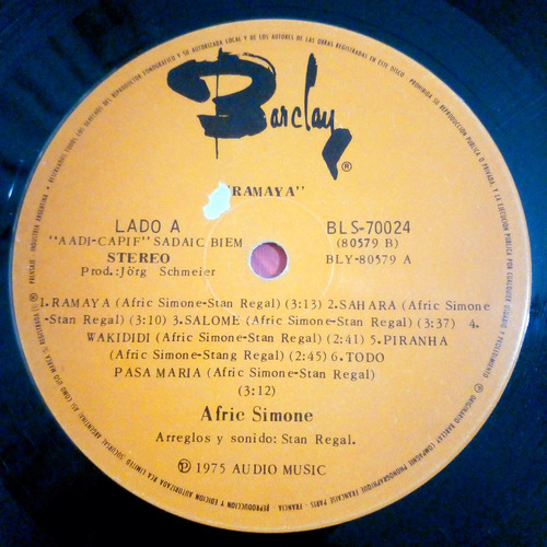 Afric Simone - Ramaya (vinilo, Barclay, 1975) Ex Estándar