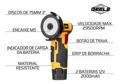 Esmerilhadeira Lixadeira 76mm 12v Angular S/fio 1 Baterias