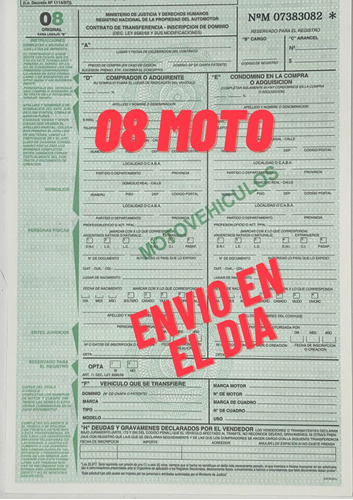 Formulario 08 Para Motovehiculo  **envio En El Dia**