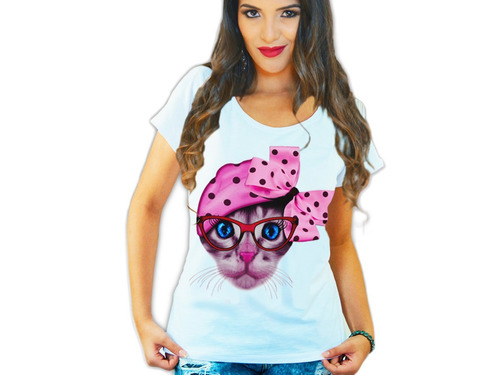 Roupa Camiseta Feminina Gato Lenco Rosa Frida T-shirts Moda