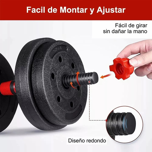 Mancuernas Pesas Y Barra Recta Ejercicio Kit Ajustables 15kg Rojo