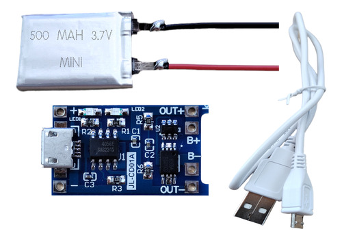 Modulo Micro Usb + Cable Usb + Bateria Litio 500mah 3.7v