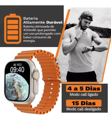 Relógio Smartwatch Gs Wear Gs9 Ultra 49mm Titânio & Silicone Cinza Milanese Laranja Cinza