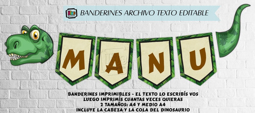Banderín Dinosaurio Archivo Imprimible Texto Editable