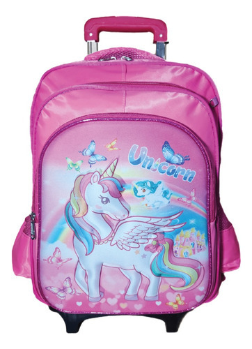 Mochila Carro Unicornio 46cm Cartuchera Y Lunchera De Rega 