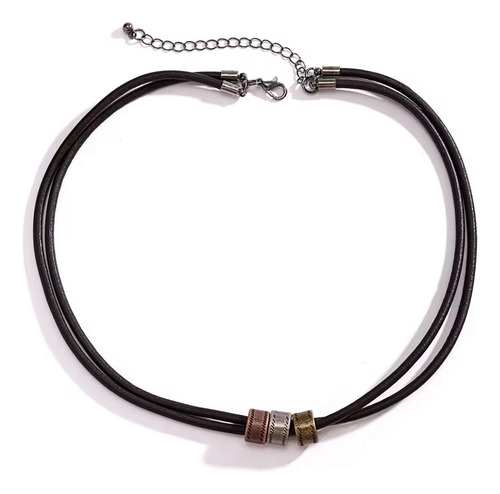 Collar De Cuero Genuino Con Cuentas Metálicas Vintage Café