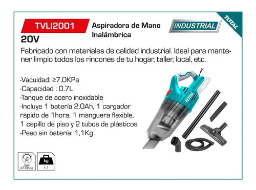 Imagen 5 de 8 de Aspiradora Inalámbrica 20v Total Con Cargador Y Batería 4 Ah