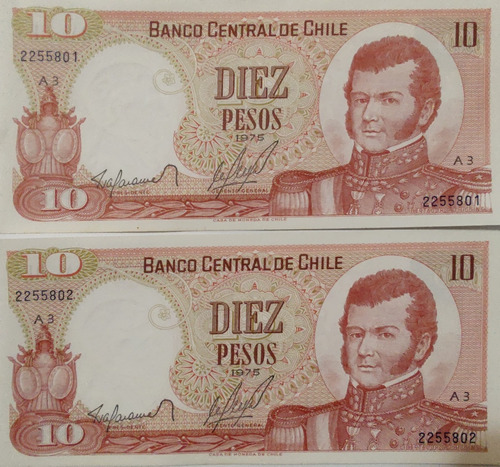 2 Billetes Chile 10 Pesos 1975 Barahona Molina Correla(bb148