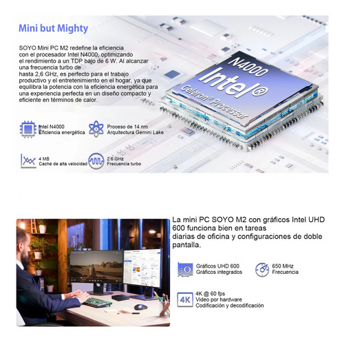 Mini Pc Teclast M2 N4000 6gb Ddr4 64gb Ssd Intel N4000 Windows 11 Pro 127V Negro