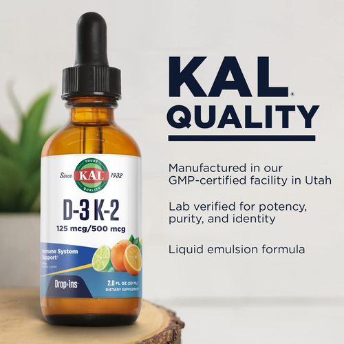 Gota Líquida De Vitamina D3 K2 De Kal D3 K2, 125 Mcg/500 Mcg