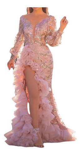 Vestido Mujer Noche Rosa Elegante Con Abertura Lentejuelas