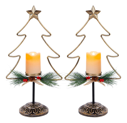 Velas Led Con Portavelas De Pino De Navidad Color Cobre 2pz