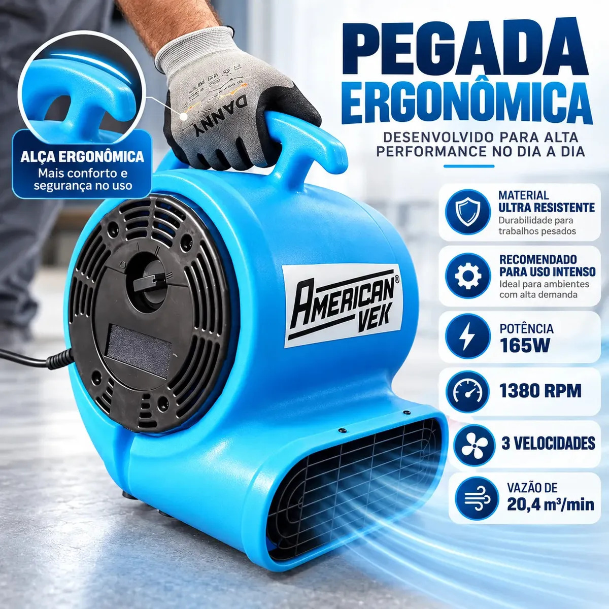 Secador de Piso Carpete Tapete Profissional Ventilador Soprador 165W 1380 RPM 3 Velocidades para Estofados Higienização Pós-Obra Piso Molhado Alagamento Industrial Limpeza Comercial