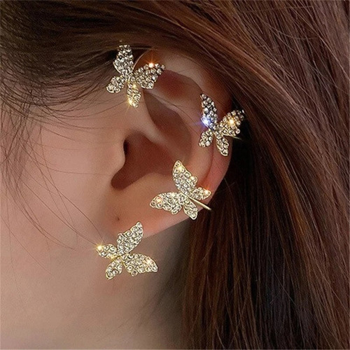 Imagen 3 de 8 de Arete Dorado O Plateado Ear Cuff Climber Mariposas Cristales
