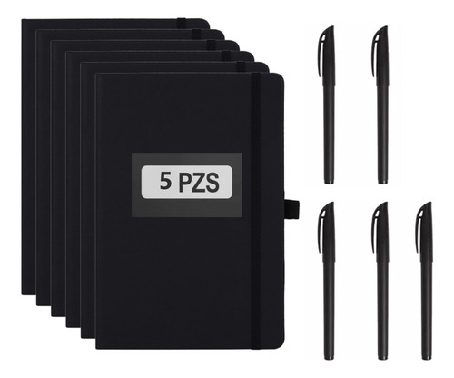 5 Cuadernos A5 Rayados + 5 Plumas Negras 0.5mm, 200 Páginas Cada Uno, Con Banda Elástica, Ideal Para Oficina, Estudiantes, Diario O Reuniones, Diseño Portátil Elegante Y Profesional