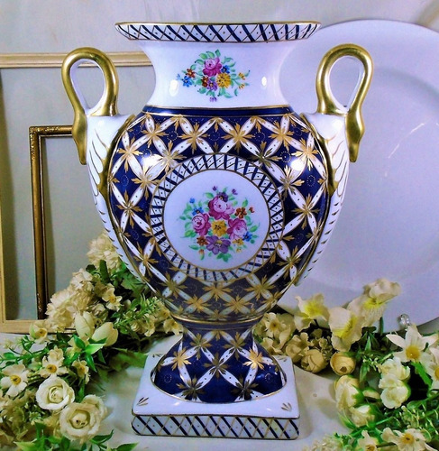 Florero Vintage Porcelana Royal Azul Blanco Y Oro 28.5 Cm 