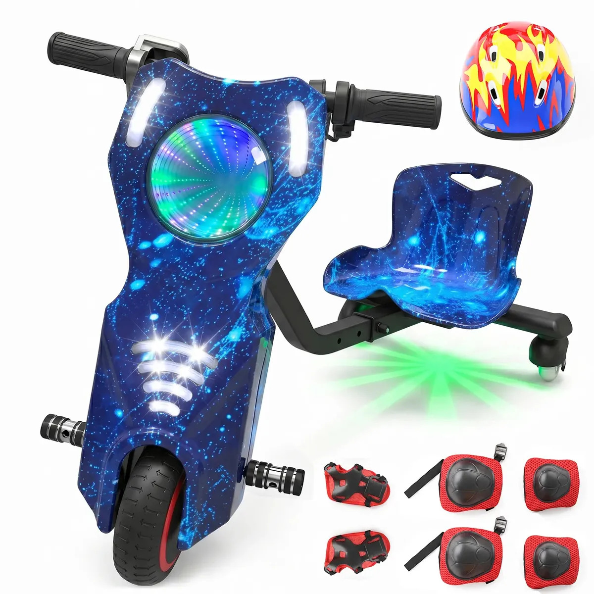 Triciclo Elétrico Drift para Crianças e Adolescentes, Rmira, com Bluetooth e LED – Inclui Capacete e Kit de Proteção