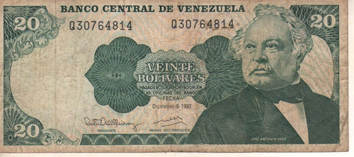 Venezuela Billete De 20 Bolívares Año 1992 - Pick 63d - Vf