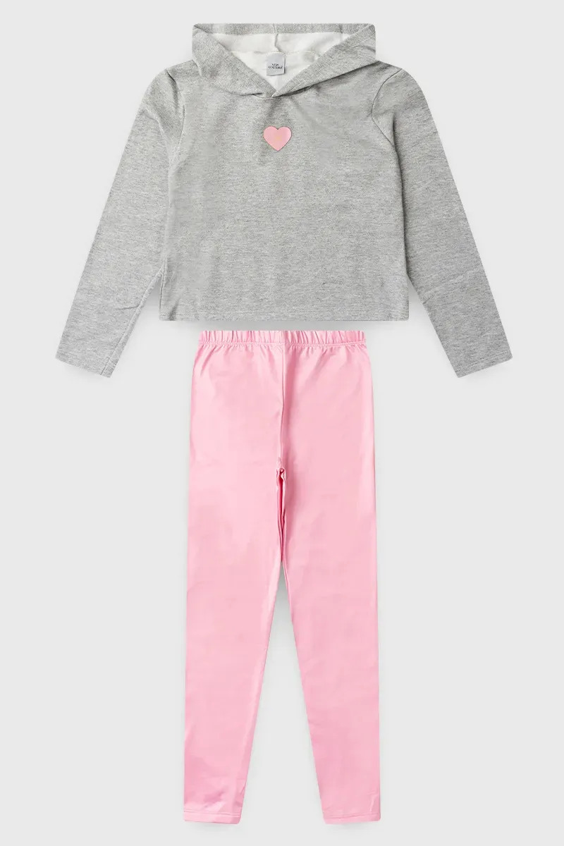 Conjunto Infantil Feminino Inverno Moletom Cropped E Legging Mescla 2