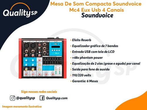 Mesa De Som Compacta Soundvoice Mc4 Eux 4 Canais Usb