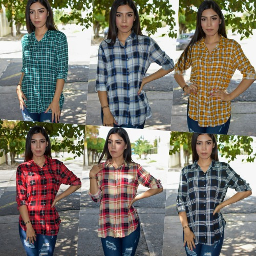 Camisas De Cuadros Manga Larga Azul Talla Mediana